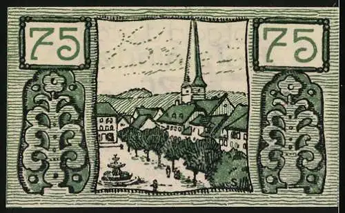 Notgeld Holzminden, 1922, 75 Pfennig, Vorderseite mit Schriftzug und Rückseite mit Stadtansicht und Kirche