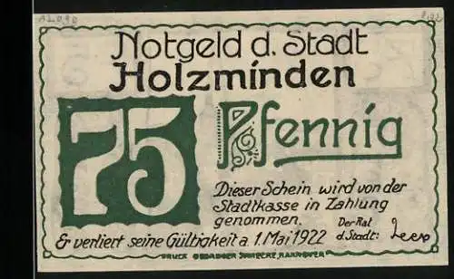 Notgeld Holzminden, 1922, 75 Pfennig, Stadtansicht mit Kirche und Brunnen, Gültigkeit bis 1. Mai 1922