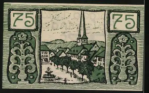 Notgeld Holzminden, 1922, 75 Pfennig, Stadtansicht mit Kirche und Brunnen, Gültigkeit bis 1. Mai 1922