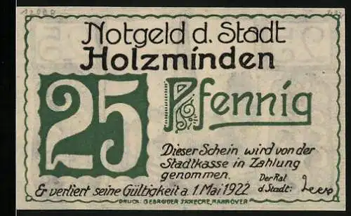 Notgeld Holzminden 1922, 25 Pfennig, Stadtansicht mit Kirche und Brücke, grün und schwarz