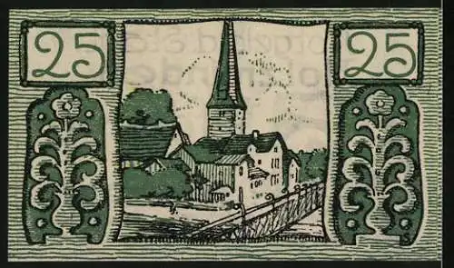 Notgeld Holzminden 1922, 25 Pfennig, Stadtansicht mit Kirche und Brücke, grün und schwarz