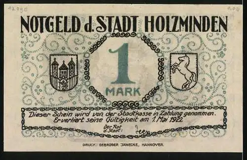 Notgeld Holzminden, 1922, 1 Mark, Schützenfest mit Schützenkönig und Stadtwappen im Hintergrund