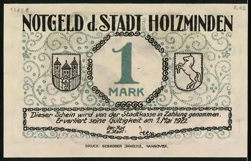 Notgeld Holzminden 1922, 1 Mark, Schützenfest Fahnen schwenken mit Personen und Bäumen auf der Vorderseite