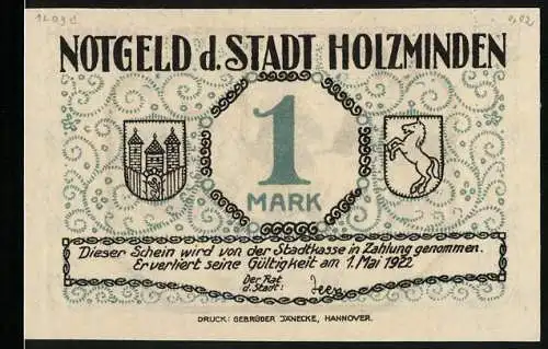 Notgeld Holzminden, 1922, 1 Mark, Vorderseite Stadtwappen Rückseite Schützenfest Ausmarsch Bild 2