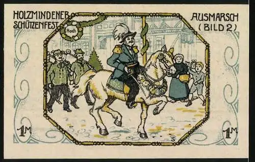 Notgeld Holzminden, 1922, 1 Mark, Vorderseite Stadtwappen Rückseite Schützenfest Ausmarsch Bild 2