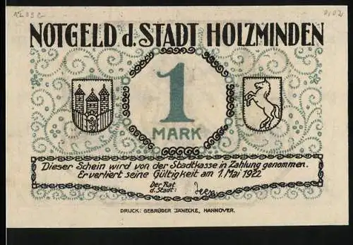 Notgeld Holzminden, 1922, 1 Mark, Schützenfest und Zapfenstreich, Wappen