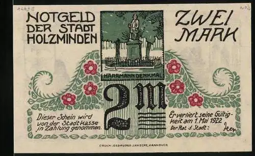 Notgeld Holzminden 1922, Zwei Mark, Harrmann-Denkmal, Älteste deutsche Baugewerkschule