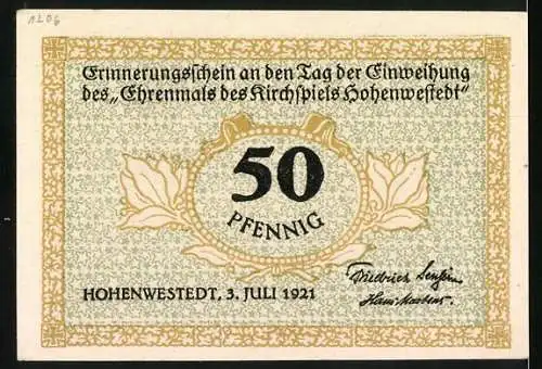 Notgeld Hohenwestedt, 1921, 50 Pfennig, Einweihung des Ehrenmals des Kirchspiels Hohenwestedt