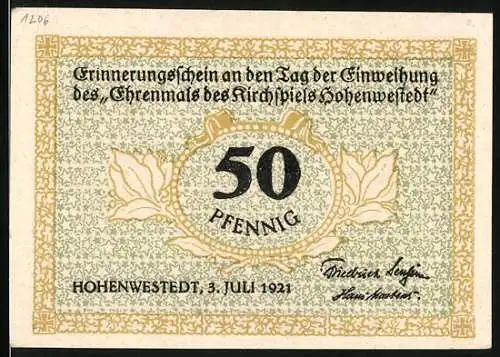 Notgeld Hohenwestedt 1921, 50 Pfennig, Einweihung des Ehrenmals des Kirchspiels, Männergruppe vor Ruinen