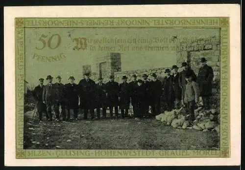 Notgeld Hohenwestedt 1921, 50 Pfennig, Einweihung des Ehrenmals des Kirchspiels, Männergruppe vor Ruinen