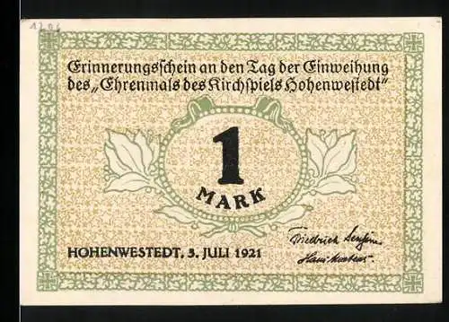 Notgeld Hohenwestedt, 1921, 1 Mark, Einweihung des Ehrenmals des Kirchspiels Hohenwestedt