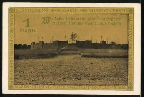 Notgeld Hohenwestedt, 1921, 1 Mark, Einweihung des Ehrenmals des Kirchspiels Hohenwestedt