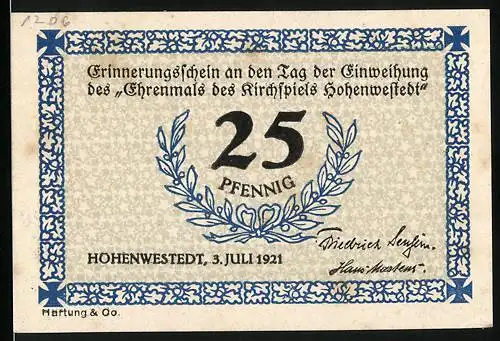 Notgeld Hohenwestedt 1921, 25 Pfennig, Einweihung des Ehrenmals, Arbeitende Menschen und Bibelzitat