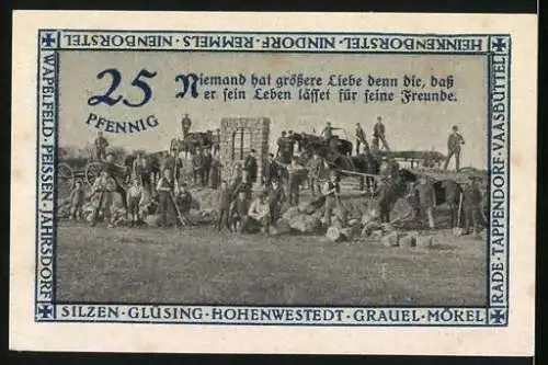 Notgeld Hohenwestedt 1921, 25 Pfennig, Einweihung des Ehrenmals, Arbeitende Menschen und Bibelzitat