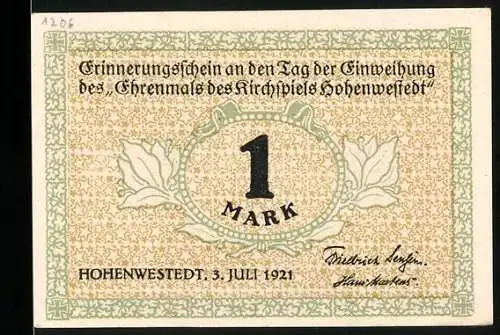 Notgeld Hohenwestedt 1921, 1 Mark, Erinnerungsschein an Einweihung des Ehrenmals des Kirchspiels Hohenwestedt