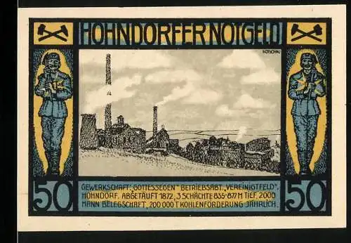 Notgeld Hohndorf 1920, 50 Pfennig, Bergarbeiter mit Grubengebäude und Text Glück Auf