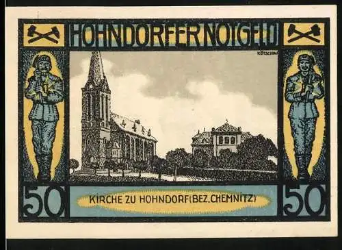 Notgeld Hohndorf 1921, 50 Pfennig, Kirche zu Hohndorf und Bergmann mit Schriftzug Glück Auf