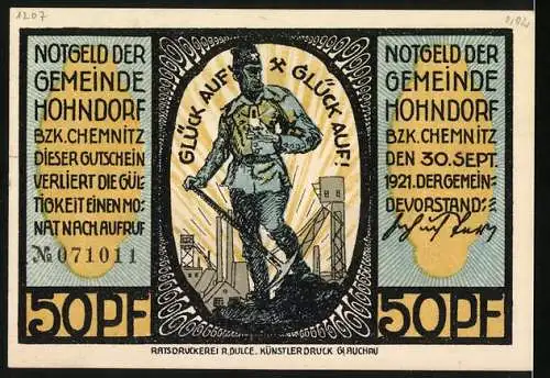 Notgeld Hohndorf 1921, 50 Pfennig, Kirche zu Hohndorf und Bergmann mit Schriftzug Glück Auf