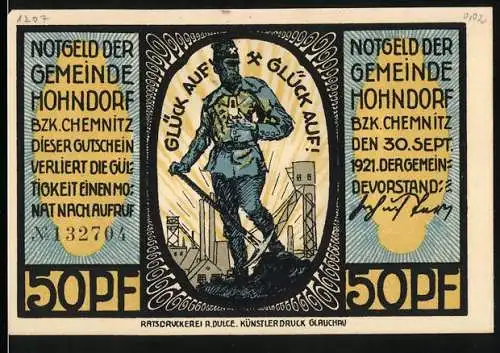 Notgeld Hohndorf, 1921, 50 Pfennig, Glück Auf Bergmann und Bergmannssiedlung, Chemnitz, Ratsdruckerei Glauchau