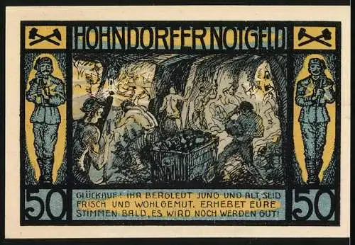 Notgeld Hohndorf, 1921, 50 Pf, Bergmann mit Schacht und Bergleute in der Mine