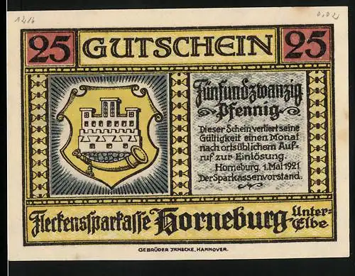 Notgeld Horneburg, 1921, 25 Pfennig, Schloss und Geesthaus, Fleckenssparkasse Horneburg Unter-Elbe