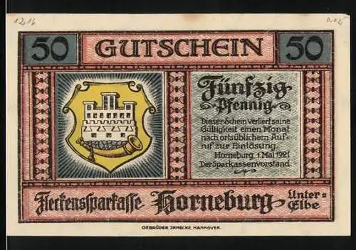 Notgeld Horneburg 1921, 50 Pfennig, Gutschein der Kreissparkasse mit Wappen und Bauernhaus