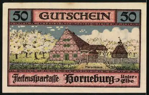 Notgeld Horneburg 1921, 50 Pfennig, Gutschein der Kreissparkasse mit Wappen und Bauernhaus