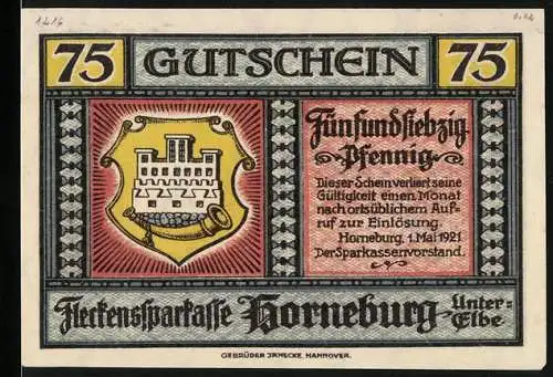 Notgeld Horneburg 1921, 75 Pfennig, Vorderseite Wappen Rückseite Lange Strasse