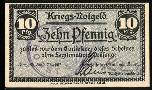 Notgeld Horst 1917, 10 Pfennig, Kriegs-Notgeld mit Unterschriften und Siegel der Ausgabe