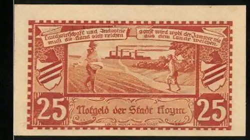 Notgeld Hoym, 1921, 25 Pfennig, Landwirtschaft und Industrie, Wappen und Löwe