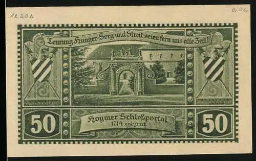 Notgeld Hoym, 1921, 50 Pfennig, Hoymer Schlossportal Stadtansicht