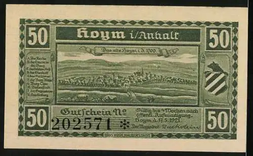 Notgeld Hoym, 1921, 50 Pfennig, Hoymer Schlossportal Stadtansicht