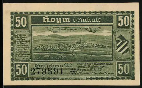 Notgeld Hoym / Anhalt, 1921, 50 Pfennig, Das alte Hoym 13. 1700 und vorgeschichtliche Funde aus Hoym