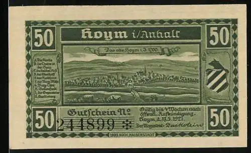 Notgeld Hoym / Anhalt 1921, 50 Pfennig, Stadtansicht und vorgeschichtliche Funde mit Hoymer Hausurne