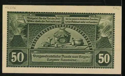 Notgeld Hoym / Anhalt 1921, 50 Pfennig, Stadtansicht und vorgeschichtliche Funde mit Hoymer Hausurne