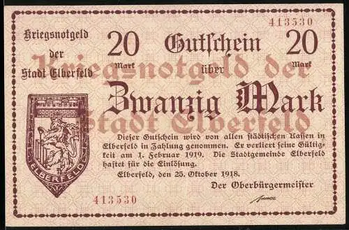 Notgeld Elberfeld 1918, 20 Mark, Kriegsnotgeld der Stadt Elberfeld, gültig bis 1. Februar 1919