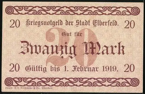 Notgeld Elberfeld 1918, 20 Mark, Kriegsnotgeld der Stadt Elberfeld, gültig bis 1. Februar 1919