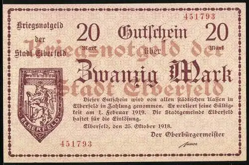 Notgeld Elberfeld 1918, 20 Mark, Kriegsnotgeld der Stadt Elberfeld, gültig bis 1. Februar 1919