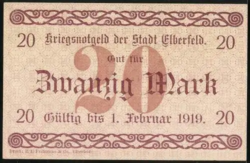 Notgeld Elberfeld 1918, 20 Mark, Kriegsnotgeld der Stadt Elberfeld, gültig bis 1. Februar 1919