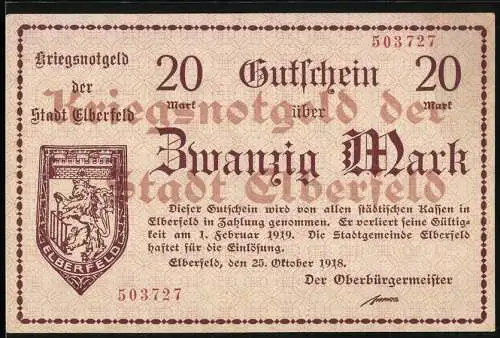 Notgeld Elberfeld 1918, 20 Mark, Kriegsnotgeld der Stadt Elberfeld gültig bis 1. Februar 1919