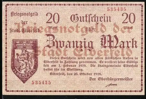 Notgeld Elberfeld, 1918, 20 Mark, Kriegsnotgeld der Stadt Elberfeld, gültig bis 1. Februar 1919