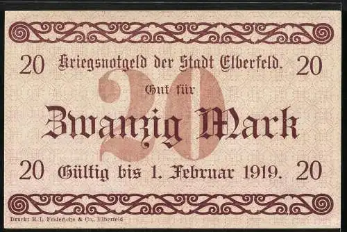 Notgeld Elberfeld, 1918, 20 Mark, Kriegsnotgeld der Stadt Elberfeld, gültig bis 1. Februar 1919