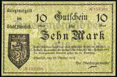 Notgeld Elberfeld 1918, 10 Mark, Gutschein über Zehn Mark, gültig bis 1. Februar 1919