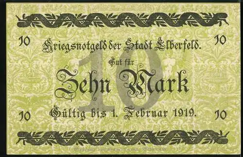 Notgeld Elberfeld 1918, 10 Mark, Gutschein über Zehn Mark, gültig bis 1. Februar 1919