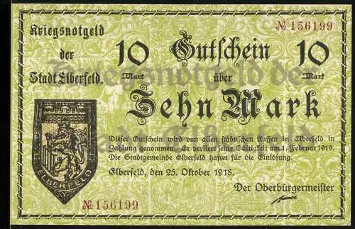 Notgeld Elberfeld 1918, 10 Mark, Kriegsnotgeld der Stadt Elberfeld, Gültig bis 1. Februar 1919