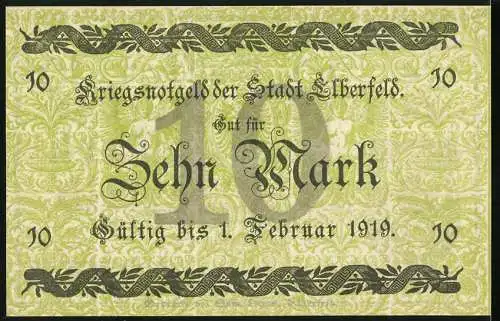 Notgeld Elberfeld 1918, 10 Mark, Kriegsnotgeld der Stadt Elberfeld, Gültig bis 1. Februar 1919