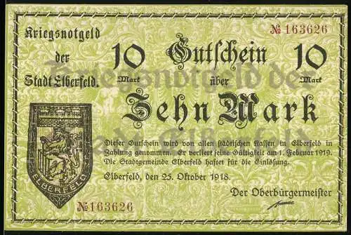 Notgeld Elberfeld, 1918, 10 Mark, Kriegsnotgeld der Stadt Elberfeld, gültig bis 1. Februar 1919