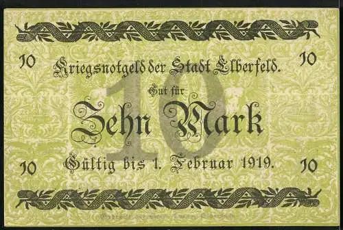 Notgeld Elberfeld, 1918, 10 Mark, Kriegsnotgeld der Stadt Elberfeld, gültig bis 1. Februar 1919