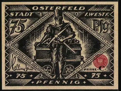 Notgeld Osterfeld, 75 Pfennig, wilde Jagdszene und Soldat mit Kanonenrohr