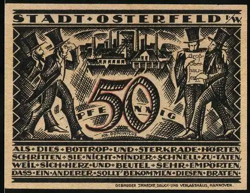 Notgeld Osterfeld, 1921, 50 Pfennig, Industriearbeiter mit Schubkarre und Stadtansicht im Hintergrund